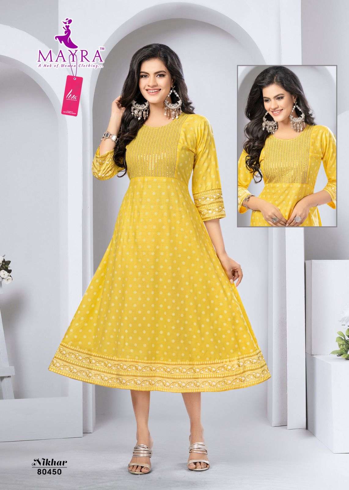 NIKHAR HEAVY LIVA TAG VISCOSE REYON  EMBROYDERY WORK UMBERALLA CUT KURTI BY MAYRA 1003